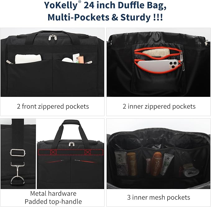 24 inch Large Gym Bag for Men - 65L Hard Bottom Duffle Bag with Shoes Compartment for Sport/Travel - Black