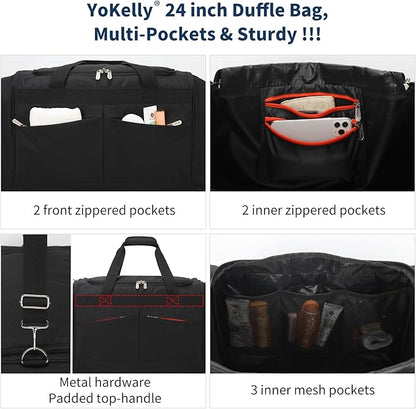 24 inch Large Gym Bag for Men - 65L Hard Bottom Duffle Bag with Shoes Compartment for Sport/Travel - Black