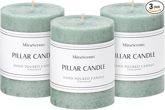 3x4 inch Green Pillar Candles Set of 3, Unscented Pillar Candle, Dripless and Smokeless Large Candles, Candle for Home Decor, Dinner Table,Weddings, Holidays