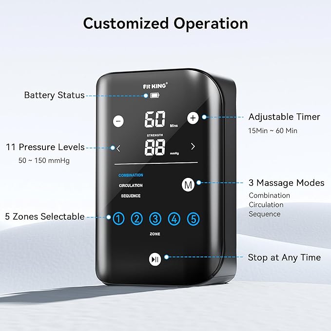 FIT KING Cordless Recovery System, Professional Air Compression Massager, Reduces Muscle Pain and Improves Circulation, Warm-up and Fast Recovery for Athletes, Customized Zone Massage Optional (Small)