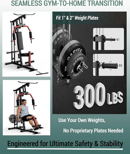 Full Body Workout Station with LAT Pulldown, Chest Press, Leg Extension, Seated Row | Compact Home Gym Equipment for Small Spaces | 300LB Capacity | Fits 1"& 2" Plates (Weights Not Included)