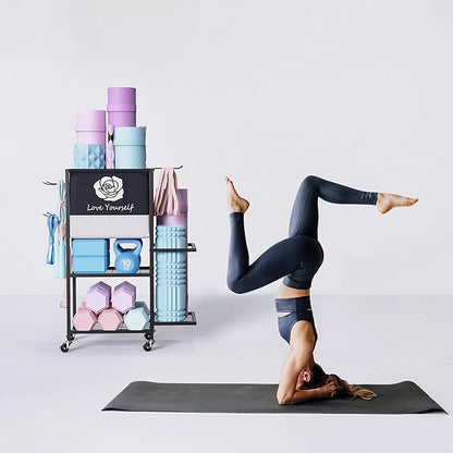 Yoga Mat Storage Rack，Home Gym Storage Rack Gym Workout Equipment Storage Organizer Fitness Weight Rack on Wheels for Yoga Mat,Yoga Block,Foam Roller,Resistance Band,Dumbbell,Kettlebell and Other Workout Accessories