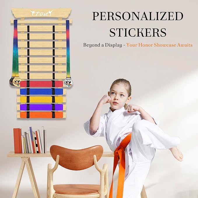 12 Belts Karate Belt Display Rack with Stickers, Martial Arts Belt Display Holder, Taekwondo Belt Display, Jiu Jitsu BJJ Belt Display Hanging Holder for Kids and Adults Gifts