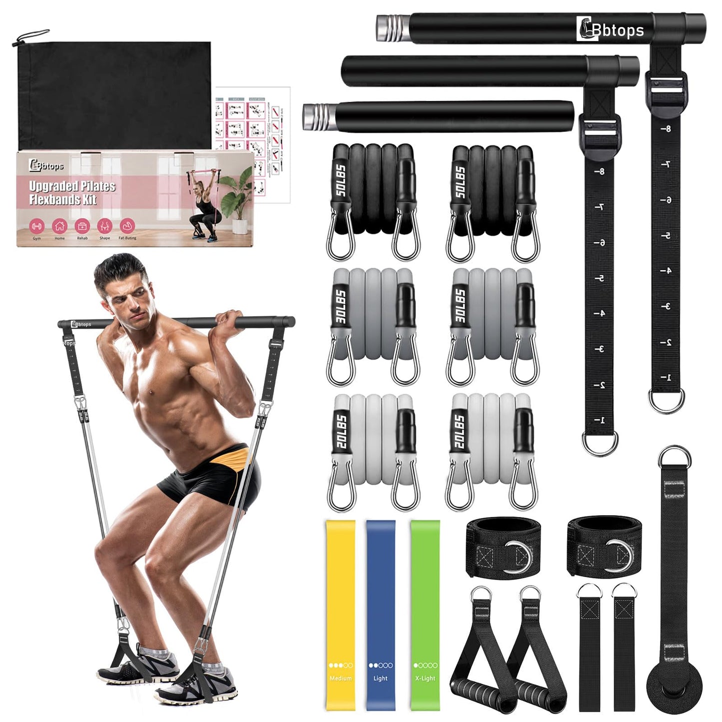 Bbtops Pilates Bar Kit with 6 Resistance Bands for Men Women, Black