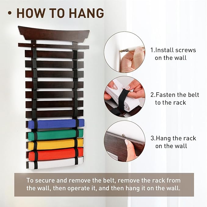 12 Belts Karate Belt Display Rack with Stickers, Martial Arts Belt Display Holder, Taekwondo Belt Jiu Jitsu Belt BJJ Belt Display Hanging Holder for Adults