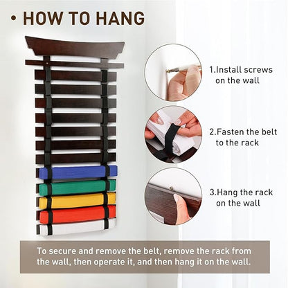 12 Belts Karate Belt Display Rack with Stickers, Martial Arts Belt Display Holder, Taekwondo Belt Jiu Jitsu Belt BJJ Belt Display Hanging Holder for Adults