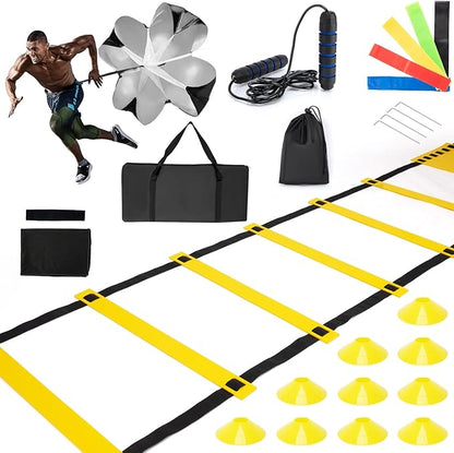 Speed Ladder Agility Ladder, Football Training Equipment Set-20feet 12 Rungs Speed Ladder,10 Disc Cones, Resistance Parachute, Jump Rope, 4 Resistance Bands