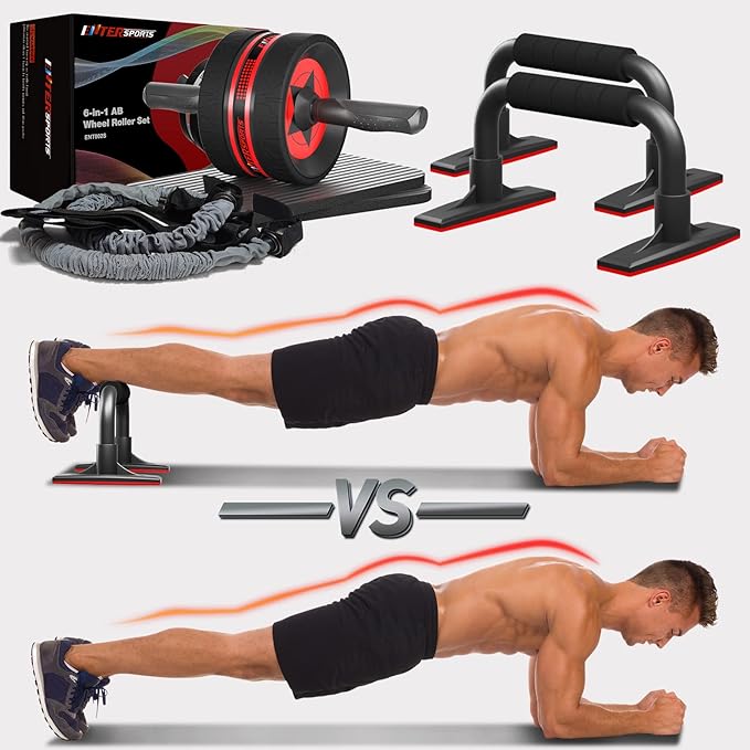 Ab Rollers Wheel Kit, Exercise Wheel Core Strength Training Abdominal Roller Set with Push Up Bars, Resistance Bands, Knee Mat Home Gym Fitness Equipment for Abs Workout