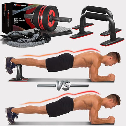 Ab Rollers Wheel Kit, Exercise Wheel Core Strength Training Abdominal Roller Set with Push Up Bars, Resistance Bands, Knee Mat Home Gym Fitness Equipment for Abs Workout