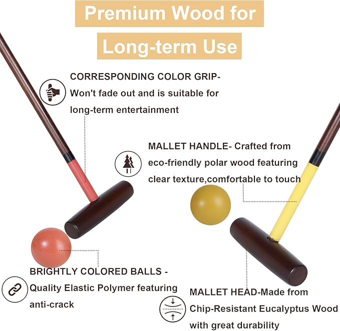8 Players Croquet Set with 32In Regulation | 28In Standard Size Rubber Wood Mallets, Colored PE Ball, Wickets, 21In End Stakes and Bag - Lawn Backyard Game for Teens/Adults/Family