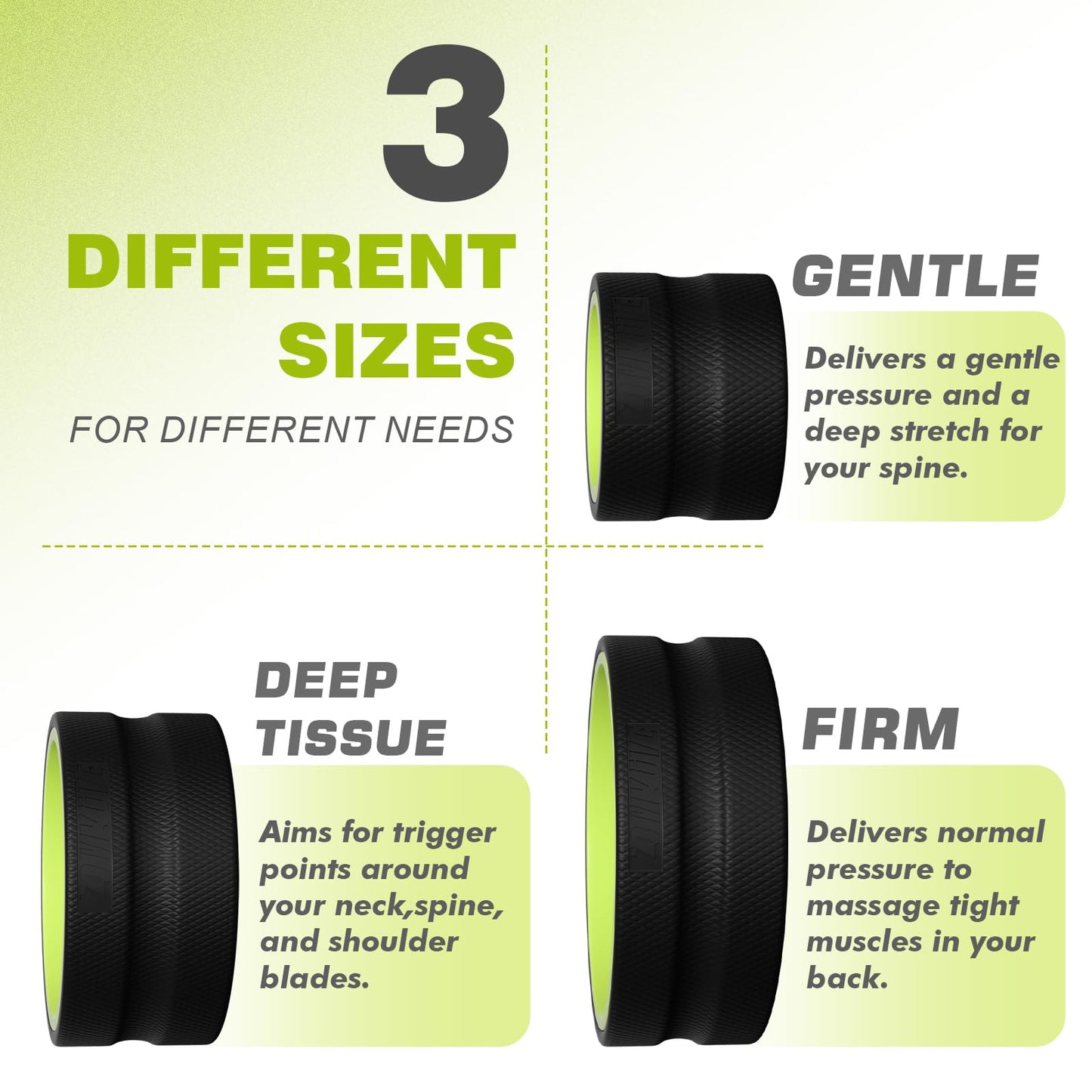 Back Roller Wheel - 3 Pack Yoga Foam Roller for Physical Therapy & Back Stretcher, Deep Tissue