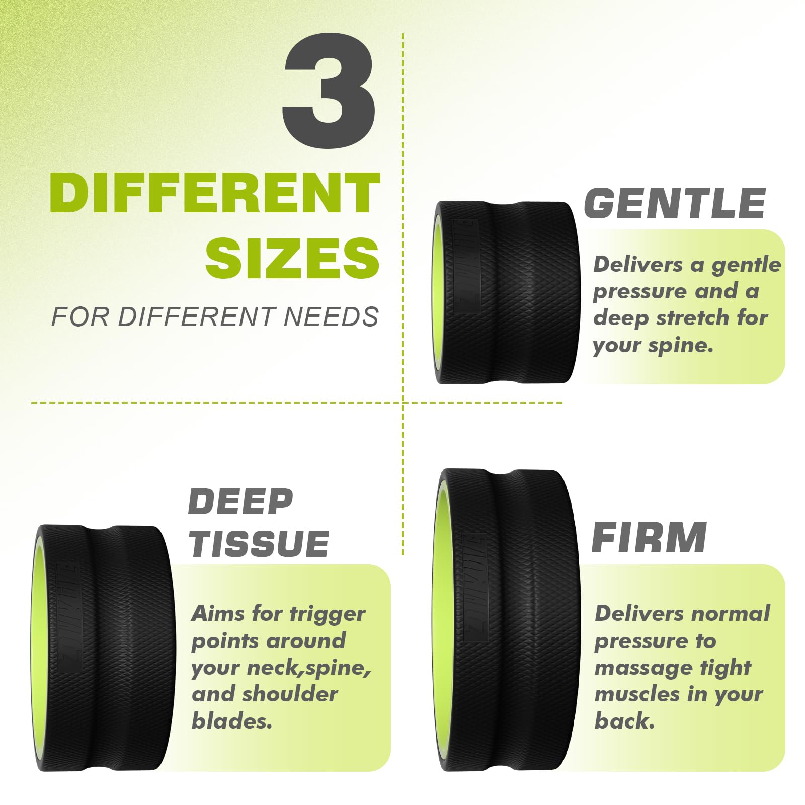 Back Roller Wheel - 3 Pack Yoga Foam Roller for Physical Therapy & Back Stretcher, Deep Tissue