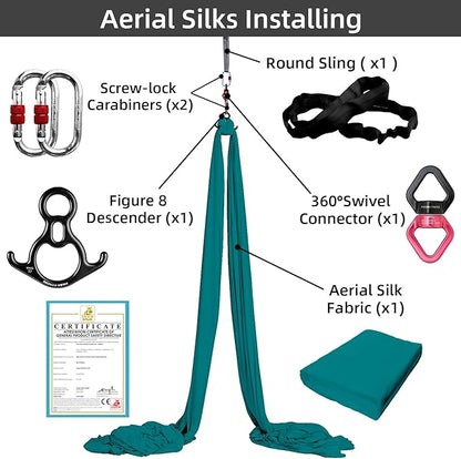 PRIOR FITNESS Aerial Silks Set, Professional Thicker Low Stretch Fabric 9/15/20 Yards Aerial Silk Swing Set with Hardware Guide, Yoga Starter Kit For Home, Aerial Yoga Hammock, Silks for Gymnastics, Antigravity Yoga, Inversion Exercise-All Levels