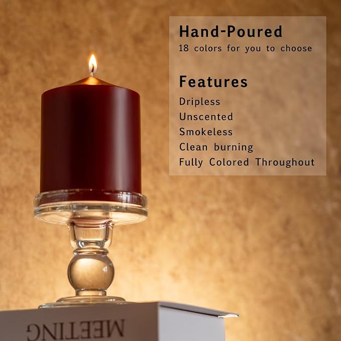 MOZEAL 3" x 4" Hand-Poured Unscented Dark Red Pillar Candles,Dripless Candles Set of 3,Smokeless,Clean Burning,Approx 60 Hours Burn Time,Dinner,Christmas and Home Decorï¼? Inch Width Seriesï¼?Bordeaux