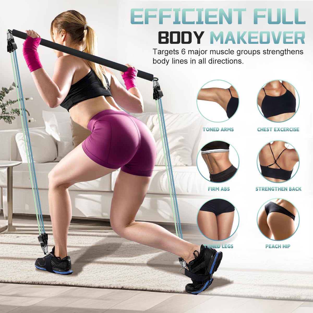 VEICK Pilates Bar Kit with Resistance Bands, Elastic Workout Bands for Men and Women, Set of 5