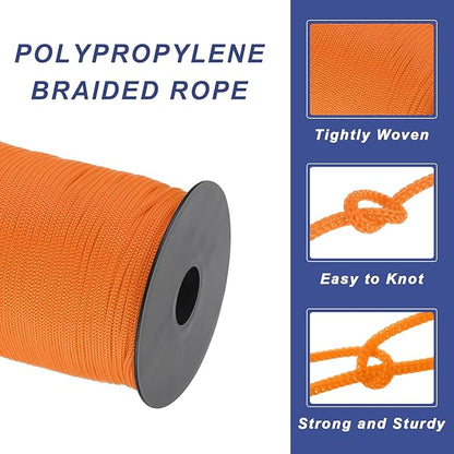 MECCANIXITY 1/8 Inch Polypropylene Rope Braided Ropes, 328ft Nylon Rope Hollow Utility Cord for Clothesline, Camping, Hiking, Outdoor, Light Orange