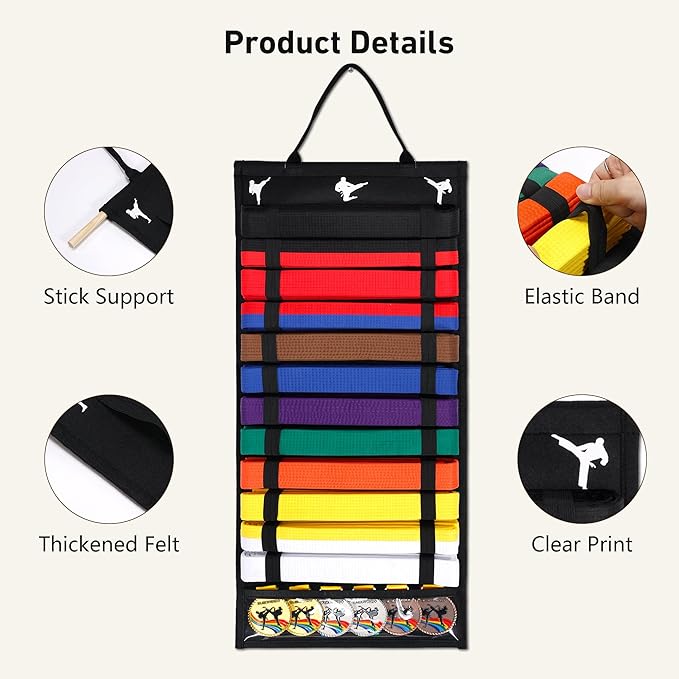 12 Belts Karate Belt Display Rack with PVC Medal Storage, Felt Taekwondo Belt Display Holder, Felt Martial Arts Belt Rack Present for Martial Art Learner & Students (Stud Included)