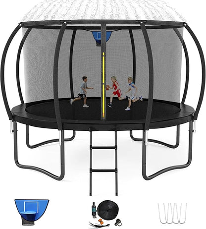 Trampoline 12FT 14FT 15FT 16FT for Kids/Adults - Outdoor Recreational with Enclosure Net Curved Poles and Ladder, Heavy Duty Anti-Rust Coating, ASTM Approval