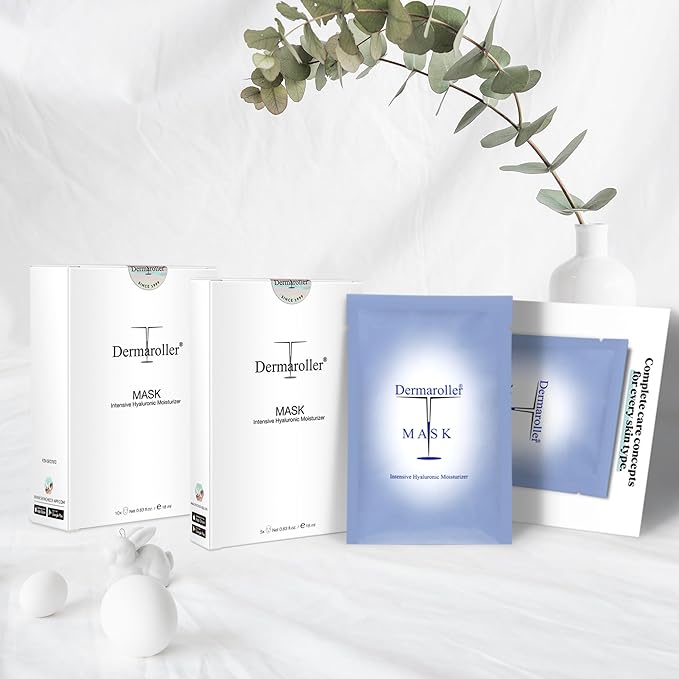Dermaroller, Silk Face Masks Intensive Hyaluronic Acid Moisturizer with Matriyxl 3000 Tocopherol Boost Collagen Hydrate Dry Skin Reduce Fine Lines Wrinkles SingleUse Masks (10 masks)