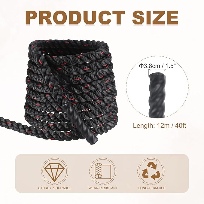 MECCANIXITY Battle Rope 40ft x 1.5 Inch Polyester Workout Rope Heavy Fitness Exercise Rope for Strength Training Home Gym Muscle Building, Black Red