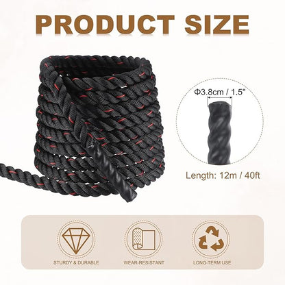 MECCANIXITY Battle Rope 40ft x 1.5 Inch Polyester Workout Rope Heavy Fitness Exercise Rope for Strength Training Home Gym Muscle Building, Black Red