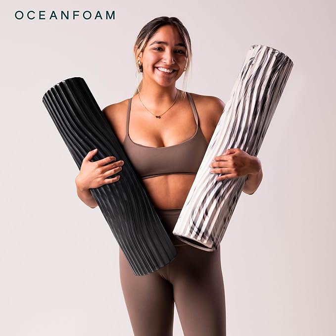 Oceanfoam Tsunami Roller (Black & Charcoal Marbled) - Soft, Textured Foam Roller for Physical Therapy, Back Pain, Exercise & Stretching - Wave Textured - Yoga, Wellness - Extra-Large 26" x 5.9"