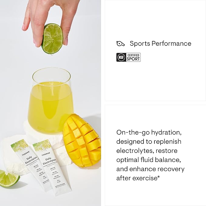THORNE - Daily Electrolytes - Zero Sugar & Low-Calorie Electrolyte Drink Mix - Naturally Flavored & Sweetened - NSF Certified for Sport - Mango Limeade - 30 Stick Packs