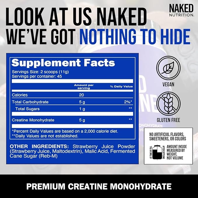 NAKED Creatine - Strawberry Flavored Creatine Monohydrate - Real Strawberry Powder, No Additives, Muscle Growth, Vegan, Non-GMO, Gluten Free, Soy Free - 45 Servings