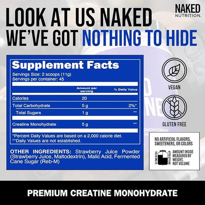 NAKED Creatine - Strawberry Flavored Creatine Monohydrate - Real Strawberry Powder, No Additives, Muscle Growth, Vegan, Non-GMO, Gluten Free, Soy Free - 45 Servings