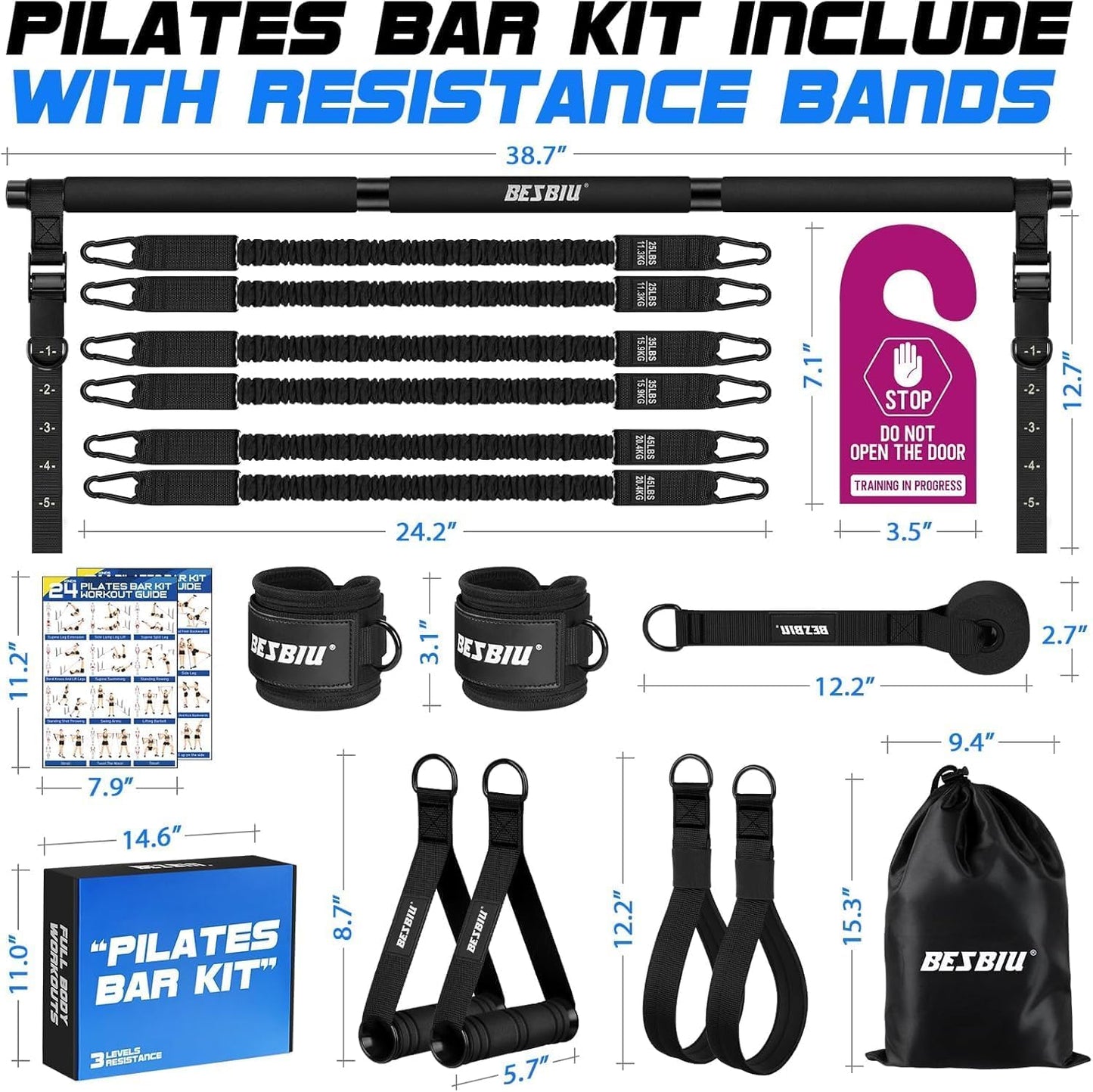 Pilates Bar Kit with Resistance Bands for Working Out, 210lbs Heavy Resistance Bands with Handles