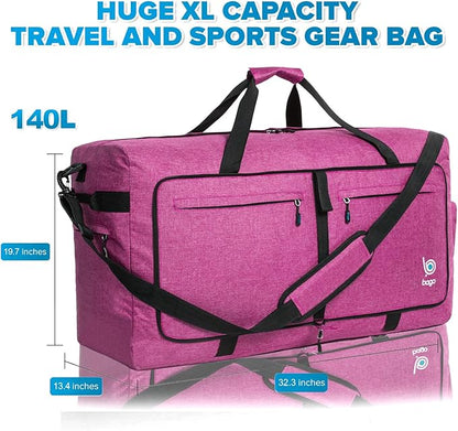 Bago Big XXL Foldable Duffel Bags for Traveling Women & Men - 140L Packable Duffle Bag for Travel with Shoe Compartment - Water Repellant, Heavy Duty, Lightweight Folding & Collapsible (SnowPink)