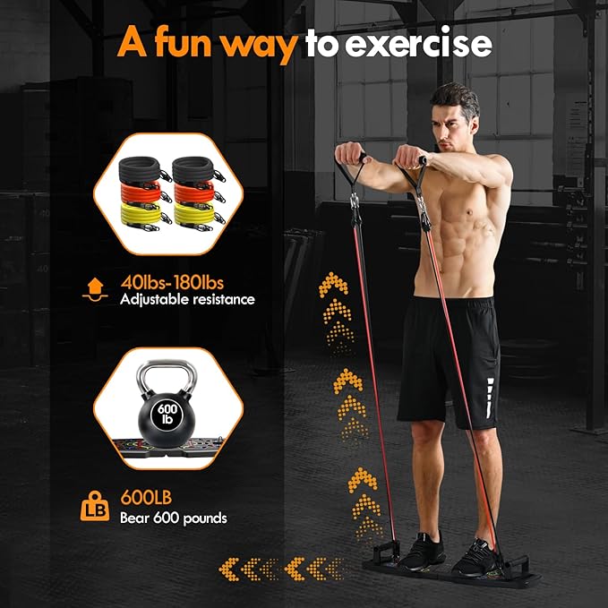 Push Up Board,Home Gym,Portable Exercise Equipment,Pilates Bar and 20 Fitness Accessories with Resistance Bands and Ab Roller Wheel,Full Body Workout at Home