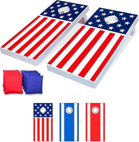 GoSports 4 x 2 ft All Weather Cornhole Boards - American Flag, Red, or Blue - Game Set Includes 8