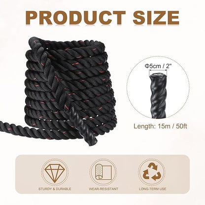 MECCANIXITY Battle Rope 50ft x 2 Inch Polyester Workout Rope Heavy Fitness Exercise Rope for Strength Training Home Gym Muscle Building, Black Red