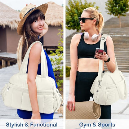 TOPDesign Travel Duffel Bag for Women, Puffer Gym Bag Sports Tote with Wet Pocket, Carry On Weekender with Luggage Sleeve (Ivory White)