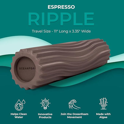 Oceanfoam Ripple Travel Foam Roller (11" x 3.35") Firm Mini Foam Roller for Physical Therapy, Deep Tissue Massage, Back Pain - High Density, Ergonomic Wave Textured - Yoga, Exercise (Espresso)