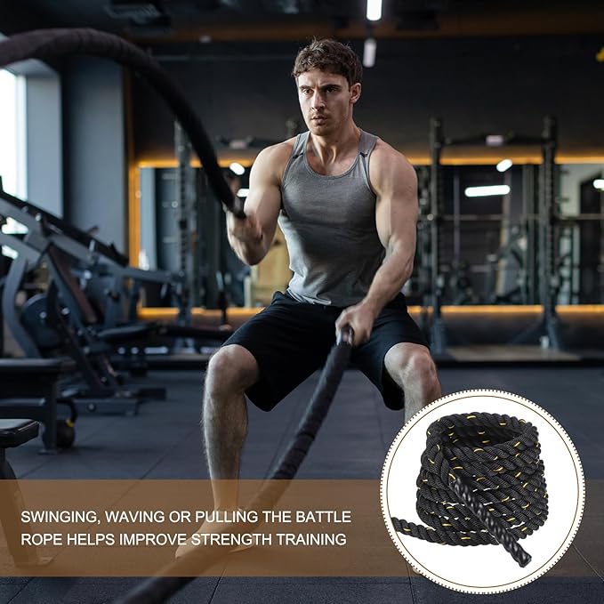MECCANIXITY Battle Rope 20ft x 1 Inch Polyester Workout Rope Heavy Fitness Exercise Rope for Strength Training Home Gym Muscle Building, Black Yellow
