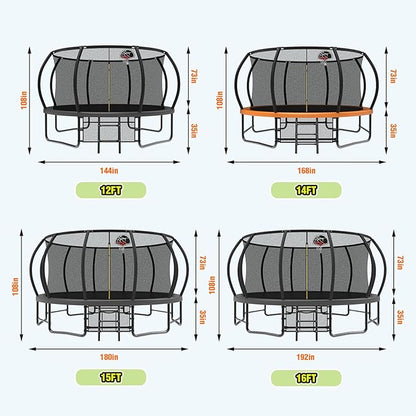 12 14 15 16FT Trampoline Outdoor with Basketball Hoop, Trampoline with Lights for Kids and Adults, Recreational Trampolin with Sprinkler, Stakes