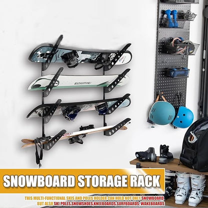 4 Board Snowboard Wall Racks, Adjustable Storage Rack for Ski, Surfboard, Wakeboard, Snowboard Wall Mount Display, Black