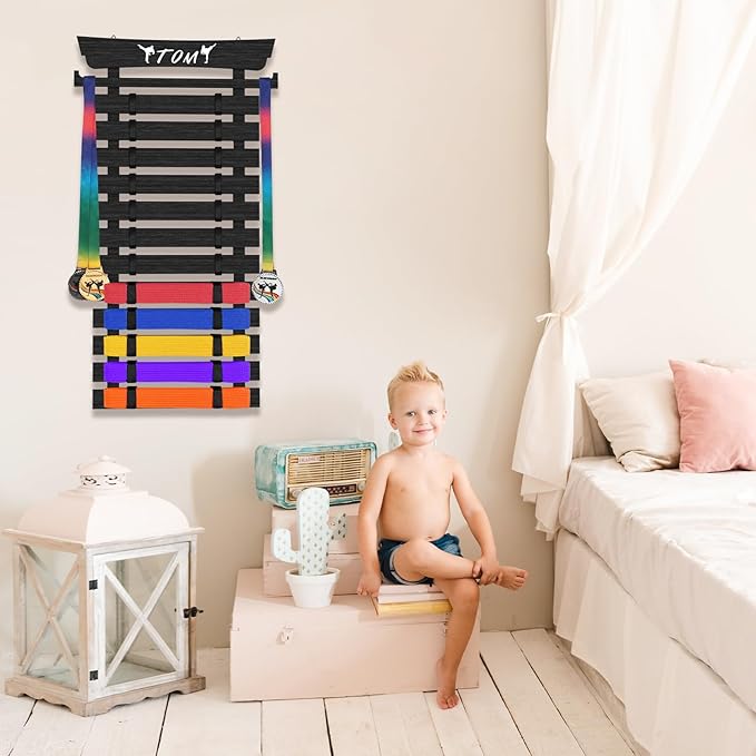 12 Belts Karate Belt Display Rack with Stickers, Martial Arts Belt Display Holder, Taekwondo Belt Display, Jiu Jitsu BJJ Belt Display Hanging Holder for Kids and Adults Gifts