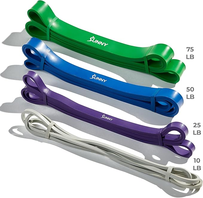 Sunny Health & Fitness Versatile Resistance Bands (Single or Combo Set) for Strength Training, Power Cage, Squat Rack, Home Gym, Body Stretching, Physical Therapy – 100, 140, 160, 180 & 10-75 LB Combo