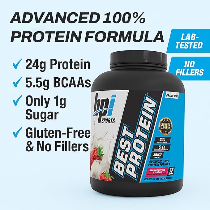BPI Sports Best Protein ??100% Whey Protein Powder ??Muscle Growth, Recovery, Meal Replacement ??No Maltodextrin, No Fillers, Gluten Free ??for Men & Women | Strawberries and Cream ??5.2 Pounds