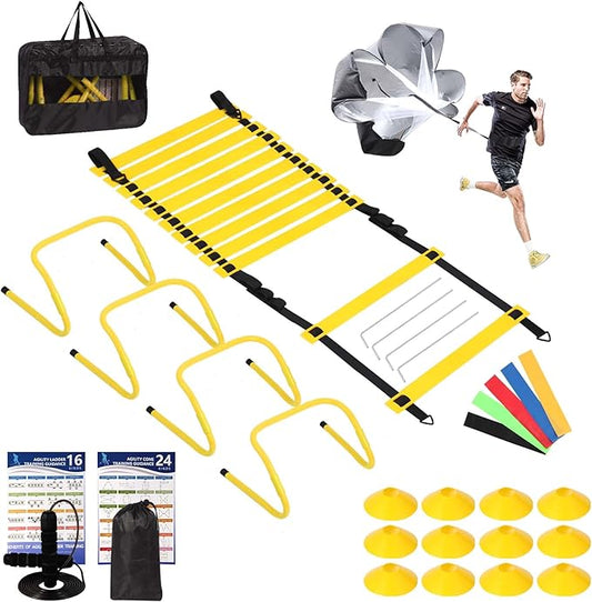 Agility Ladder, Agility Speed Training Set, 20ft 12 Rung Agility Ladder, 4 Agility Hurdles, 5 Resistance Bands, 12 Resistance Cones, Running Parachute, Jump Rope for Athletes, Adults