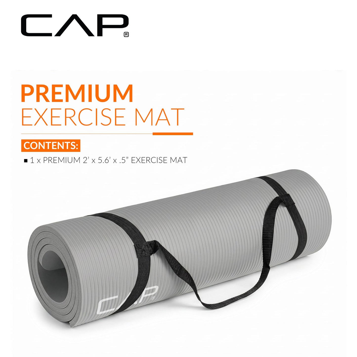 CAP Barbell High Density Exercise Mat with strap, 68"x24" 12mm - Gray