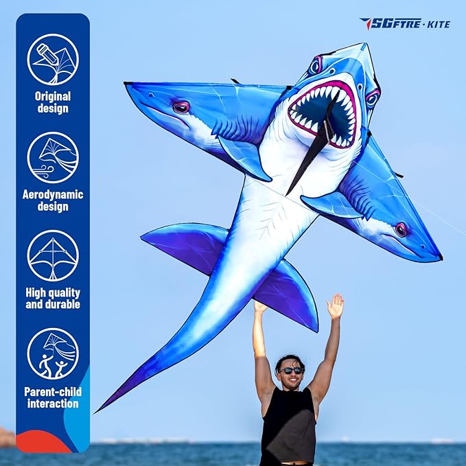 Three Headed Shark Kite for Kids and Adults,Kites for Kids Ages 8-12 Easy to Fly,Single Line Beach and Park Kite for Family Outdoor Games