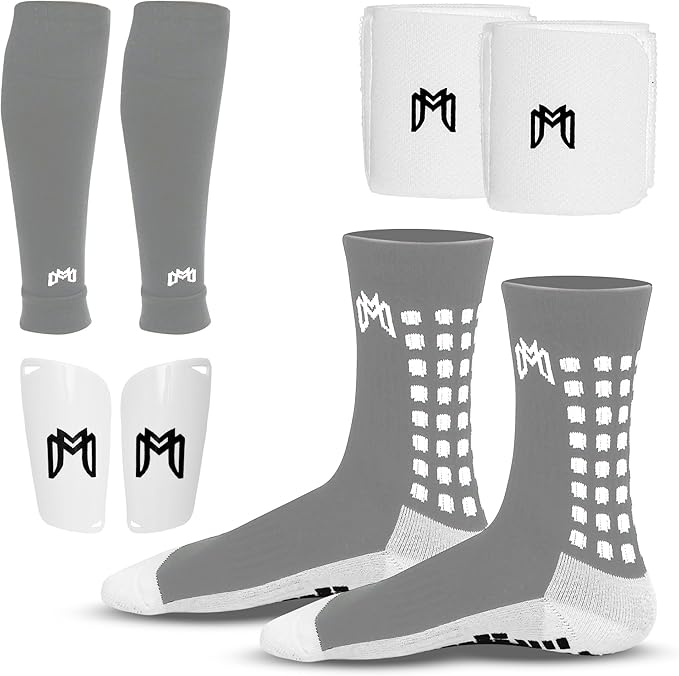 Soccer Grip Socks, Shin Guards, Pre Cut Sock Sleeves, and Guard Straps Bundle Pack - Essential Equipment for Soccer Players - for Mens, Women, Youth, Size 7 to 12 US Men Shoe Size