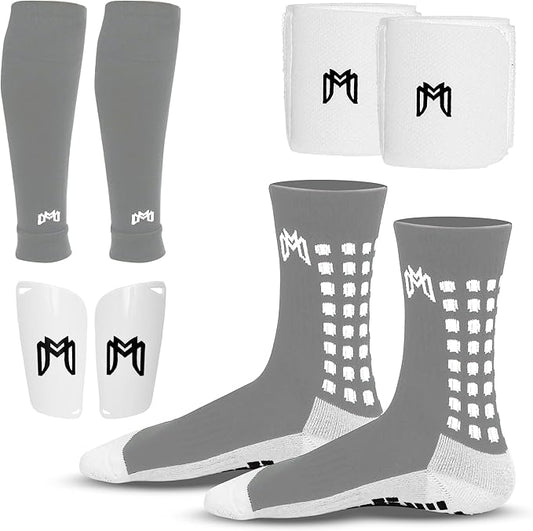 Soccer Grip Socks, Shin Guards, Pre Cut Sock Sleeves, and Guard Straps Bundle Pack - Essential Equipment for Soccer Players - for Mens, Women, Youth, Size 7 to 12 US Men Shoe Size