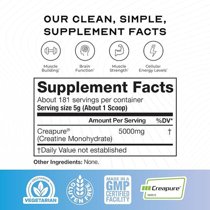 Muscle Feast Creapure Creatine Monohydrate Powder, Vegan Keto Friendly Gluten-Free, Mass Gainer, Muscle Recovery Supplement and Trusted Creatine for Muscle Growth, Creatine Powder, Unflavored, 2lb