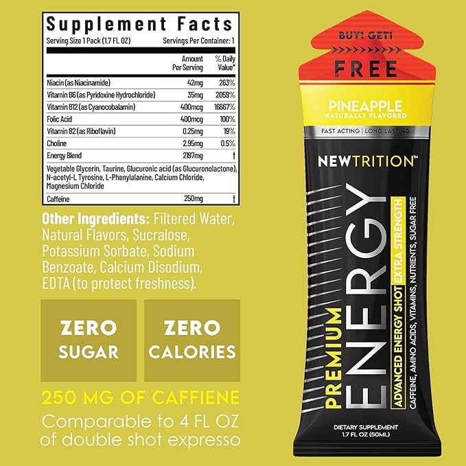 NewTrition® Extra Strength Energy Shots, 250mg Caffeine Energy Shots with Vitamin B & Amino Acids, Sugar-Free Vitamin Energy Shot, 1.7 fl oz (Pack of 6, Pineapple)