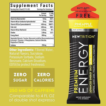 NewTrition® Extra Strength Energy Shots, 250mg Caffeine Energy Shots with Vitamin B & Amino Acids, Sugar-Free Vitamin Energy Shot, 1.7 fl oz (Pack of 6, Pineapple)